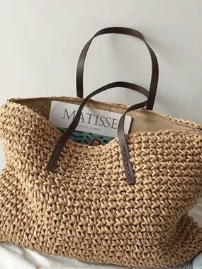 Natural Straw Tote with Dark Brown Handles - Women's Beach & Everyday Bag NWOT